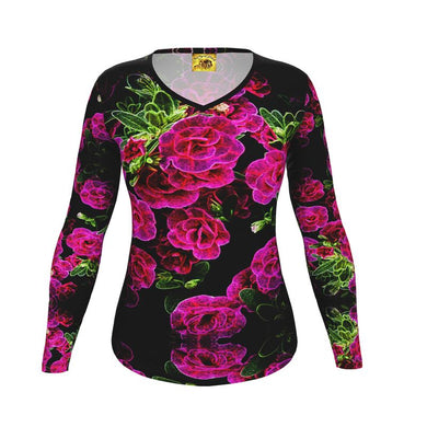 Floral Embosses: Roses 02-01 Ladies Designer V-neck Slim Fit Long Sleeve Jersey T-shirt