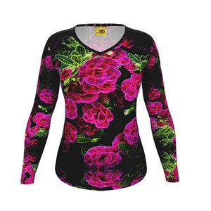 Floral Embosses: Roses 02-01 Ladies Designer V-neck Slim Fit Long Sleeve Jersey T-shirt