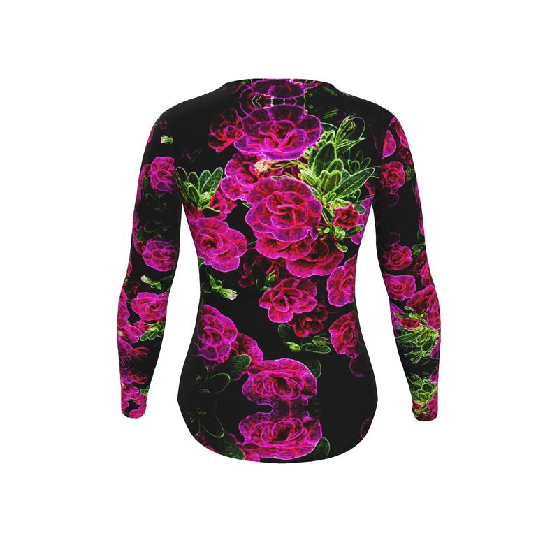 Floral Embosses: Roses 02-01 Ladies Designer V-neck Slim Fit Long Sleeve Jersey T-shirt