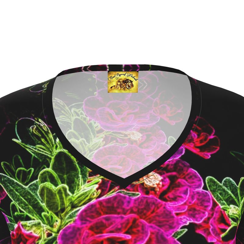 Floral Embosses: Roses 02-01 Ladies Designer V-neck Slim Fit Long Sleeve Jersey T-shirt