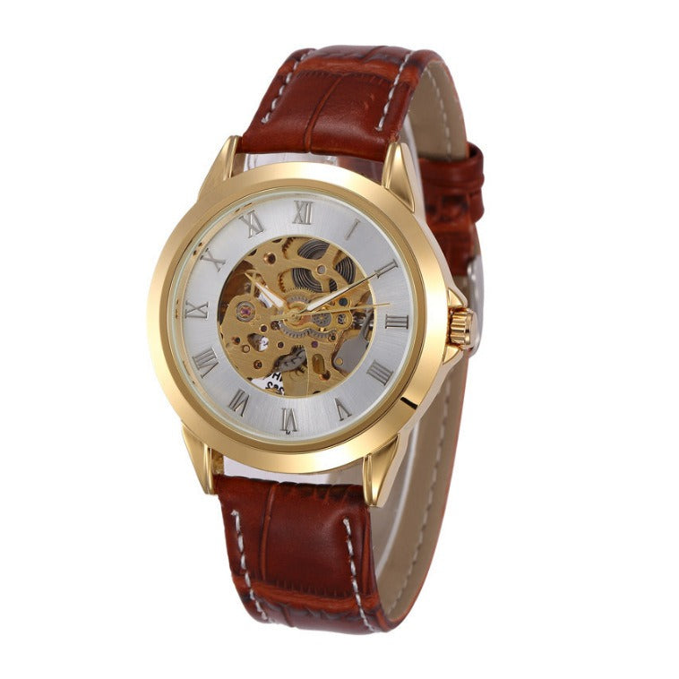 Hollow Out Antique Mechanical 30m Waterproof Male Watch with Leather Band (11 colors)