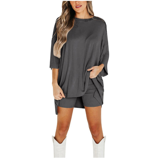 Two Piece Solid Color Loose Fit 3/4 Sleeve T-shirt and Leggings Shorts Set (7 colors)