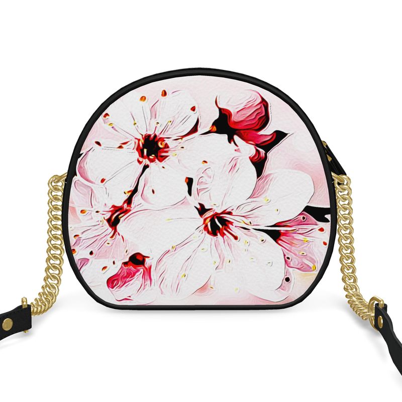 Floral Embosses: Pictorial Cherry Blossoms 01-02 Designer Round Crossbody Bag (2 strap styles)