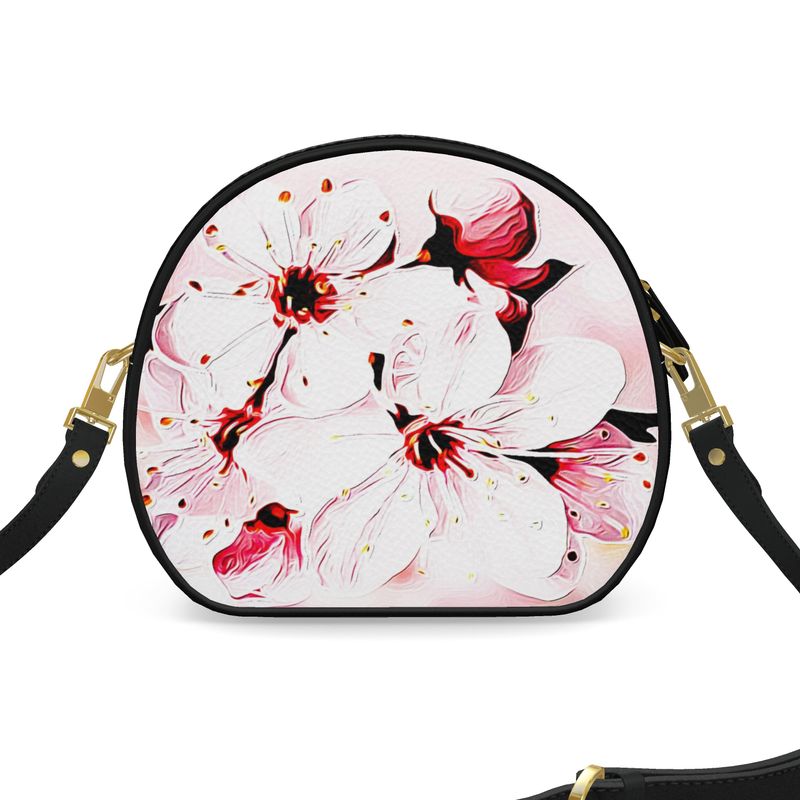 Floral Embosses: Pictorial Cherry Blossoms 01-02 Designer Round Crossbody Bag (2 strap styles)