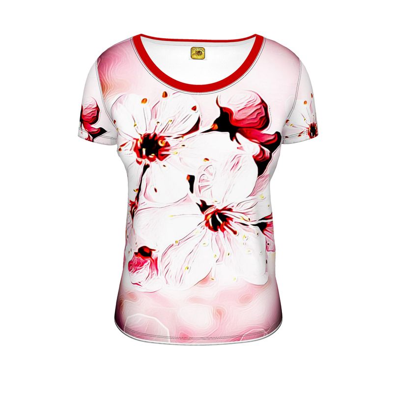 Floral Embosses: Pictorial Cherry Blossoms 01-02 Ladies Designer Scoop Neck T-shirt