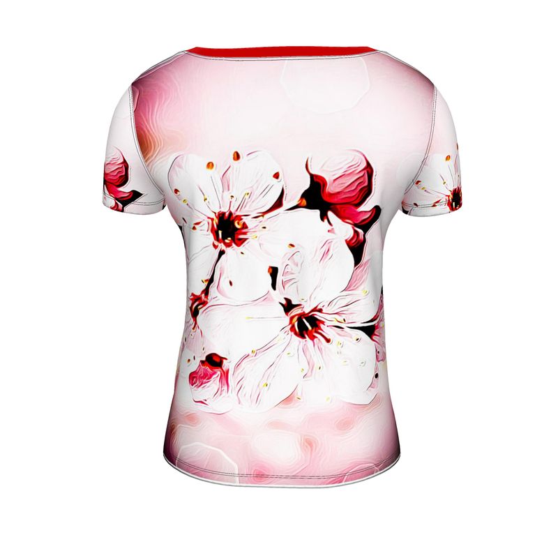 Floral Embosses: Pictorial Cherry Blossoms 01-02 Ladies Designer Scoop Neck T-shirt