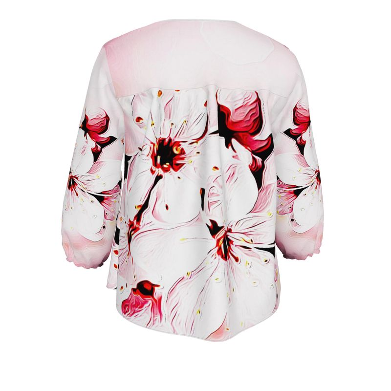 Floral Embosses: Pictorial Cherry Blossoms 01-02 Designer 3/4 Sleeve Notch Neck Tunic Blouse