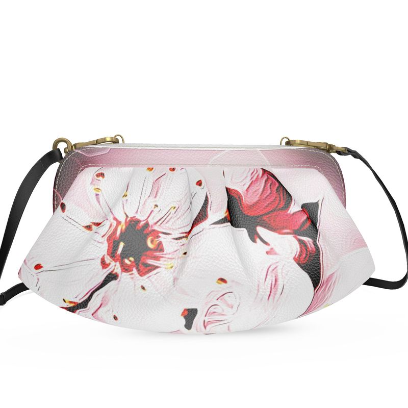 Floral Embosses: Pictorial Cherry Blossoms 01-02 Designer Pleated Leather Soft Frame Crossbody Clutch Bag