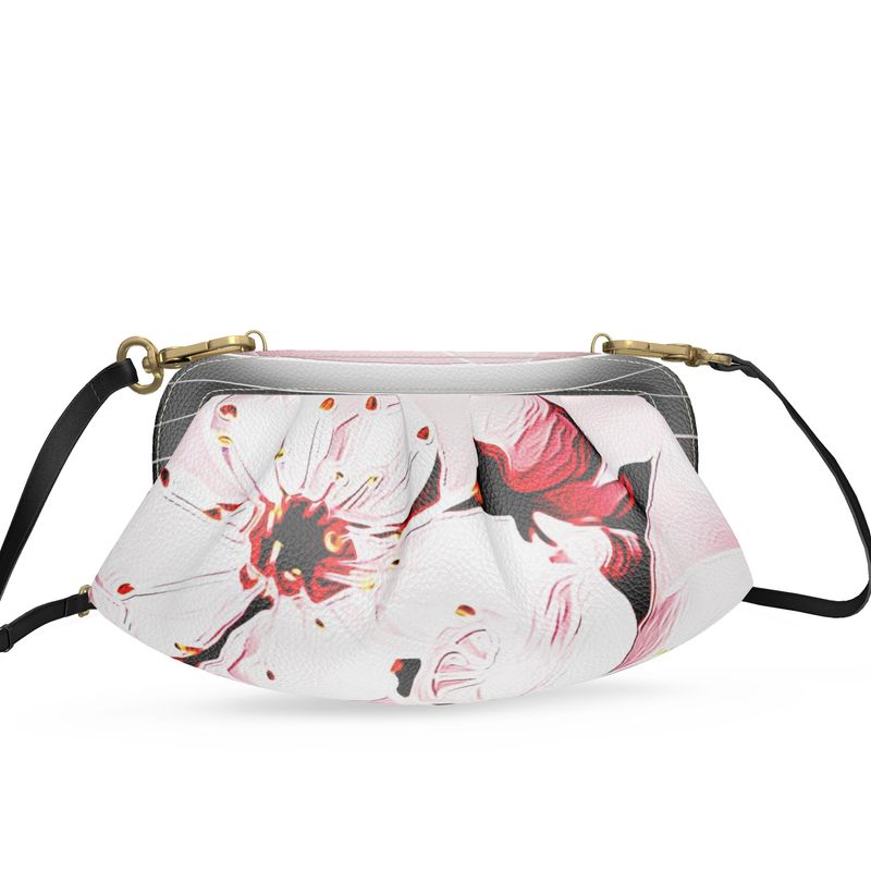 Floral Embosses: Pictorial Cherry Blossoms 01-02 Designer Pleated Leather Soft Frame Crossbody Clutch Bag