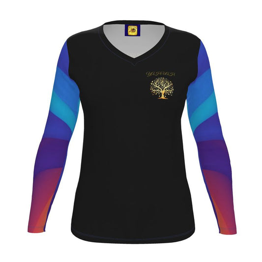 Yahuah-Tree of Life 01 Royal Ladies Designer V-neck Long Sleeve Jersey T-shirt