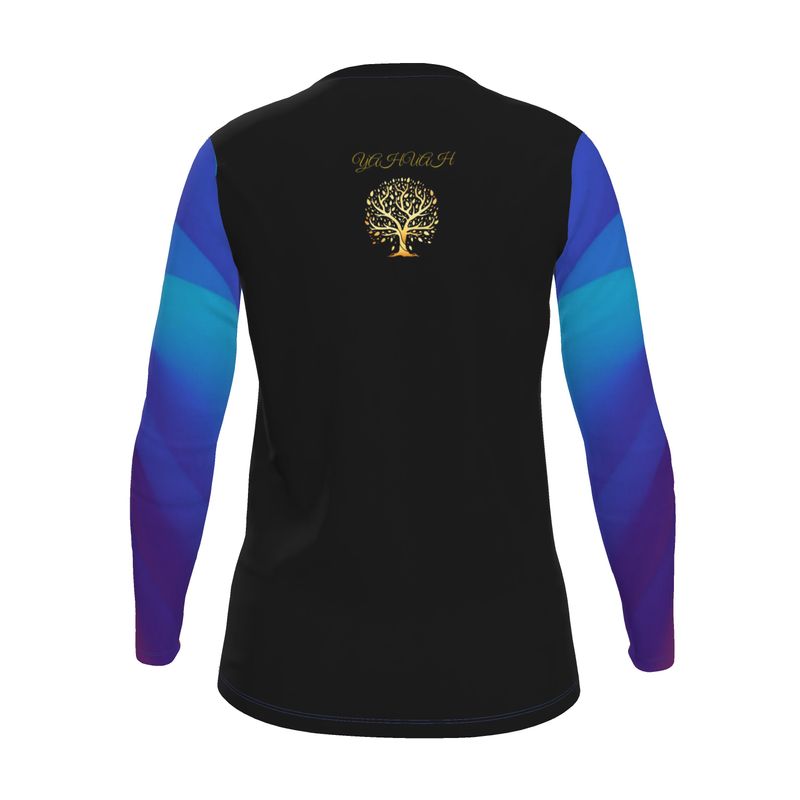 Yahuah-Tree of Life 01 Royal Ladies Designer V-neck Long Sleeve Jersey T-shirt