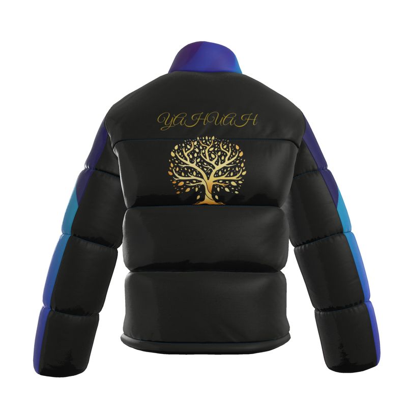 Yahuah-Tree of Life 01 Royal Men's Designer Stand Collar Puffer Jacket