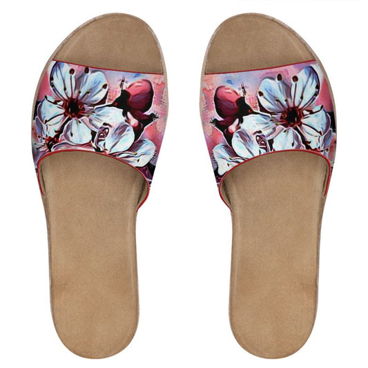 Floral Embosses: Pictorial Cherry Blossoms 01-01 Ladies Leather Slide Sandals