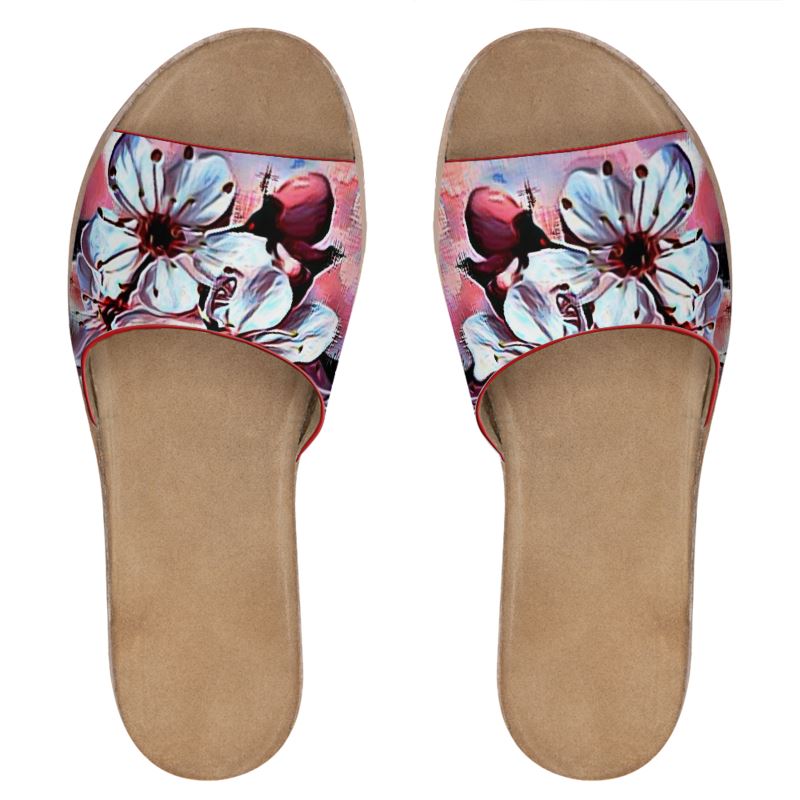 Floral Embosses: Pictorial Cherry Blossoms 01-01 Ladies Leather Slide Sandals