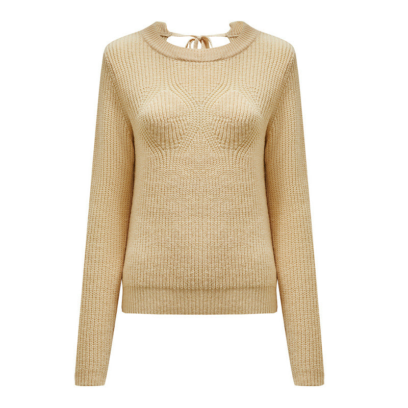 Beige Backless Lace Up Round Neck Knit Women's Sweater