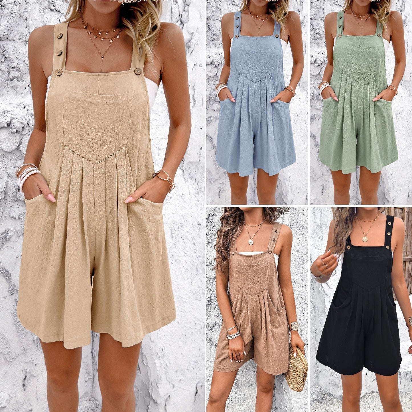 Solid Color Pleated Wide Leg Overall Romper (5 colors)