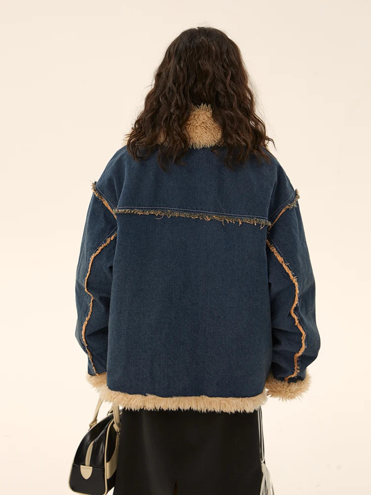 Faux Fur Spliced Fleece Lined Denim Jacket for Women