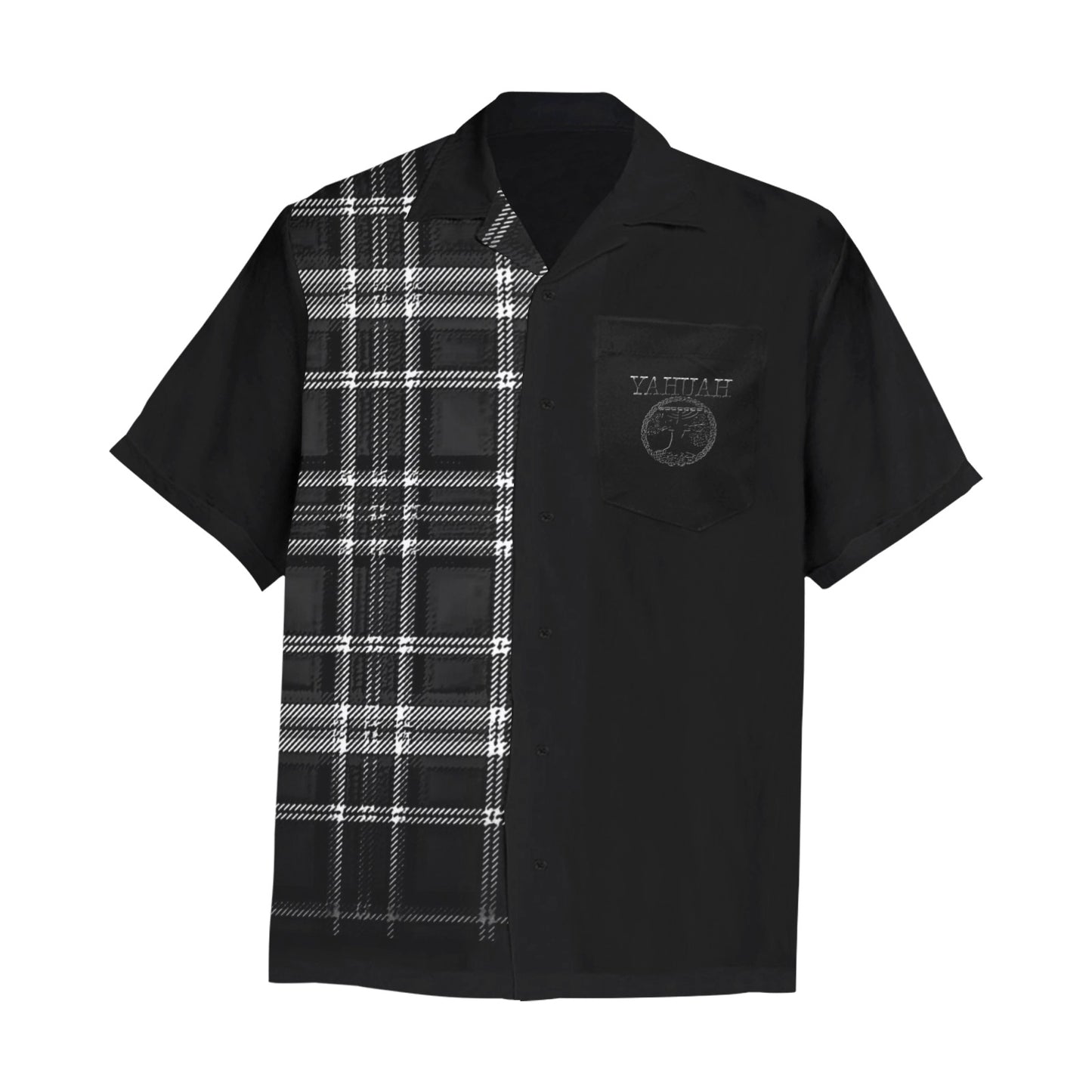 Yahuah-Tree of Life 02-04 + Digital Plaid 01-06A Men's Designer Short Sleeve Dress Shirt with Chest Pocket