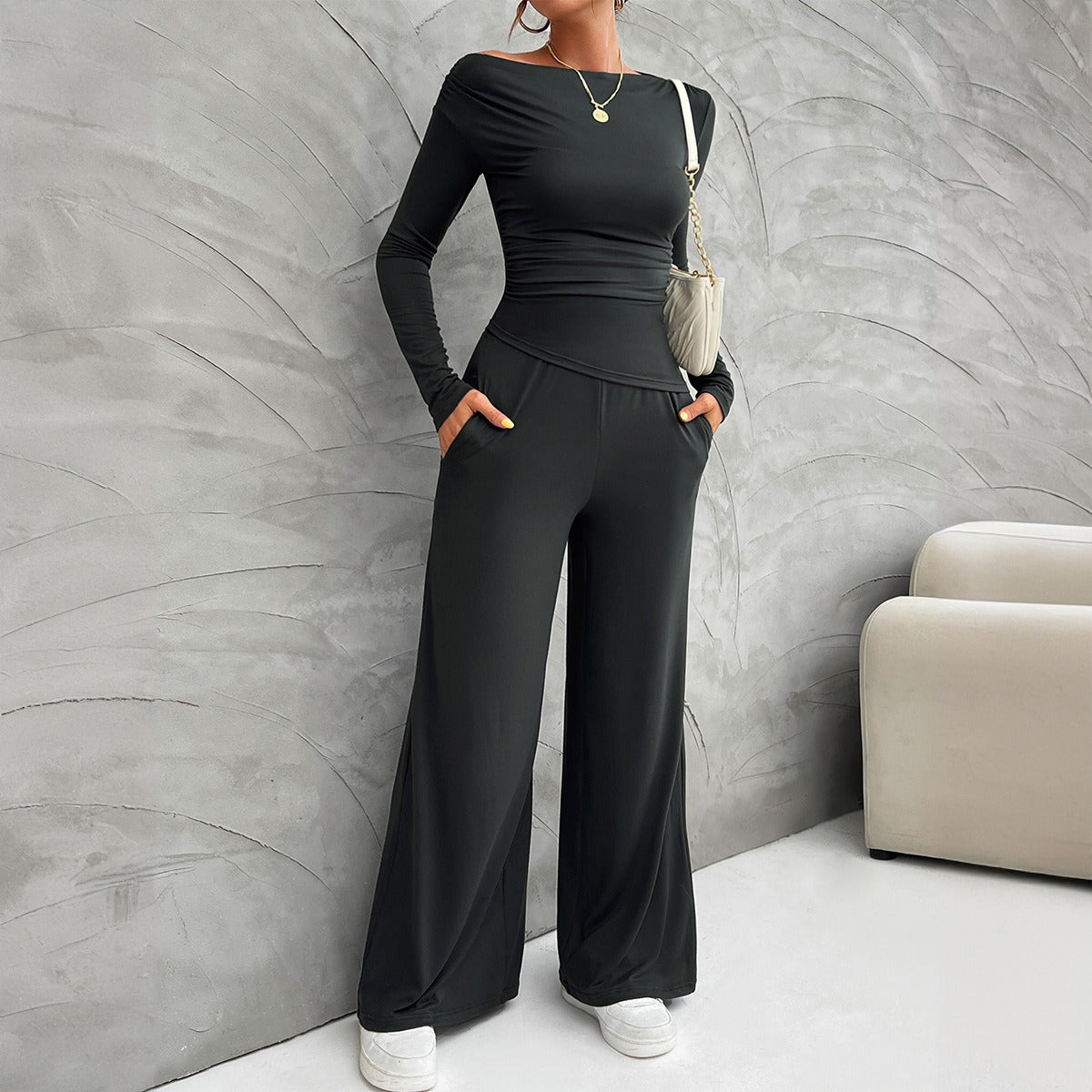 Slim Fit Long Sleeve Off Shoulder Top and Wide Leg Pants Two Piece Set (4 colors)