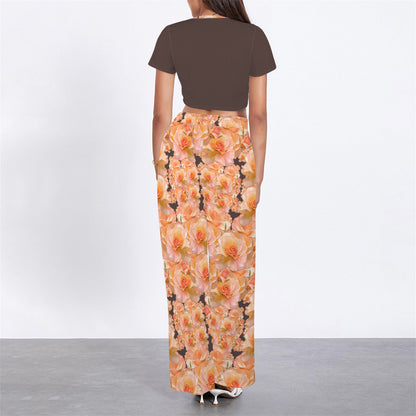 Floral Embosses: Roses 03 -02 "Sunset Rose Elegance" Crop Top & Wide Leg Pants Set