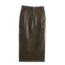 Cargar imagen en el visor de la galería, Brown Faux Leather High Waist Slit Cargo Midi Skirt