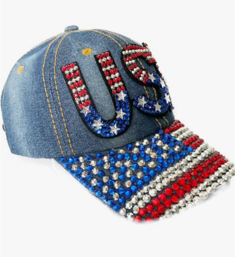 Distressed Denim Rhinestone American Flag Baseball Cap