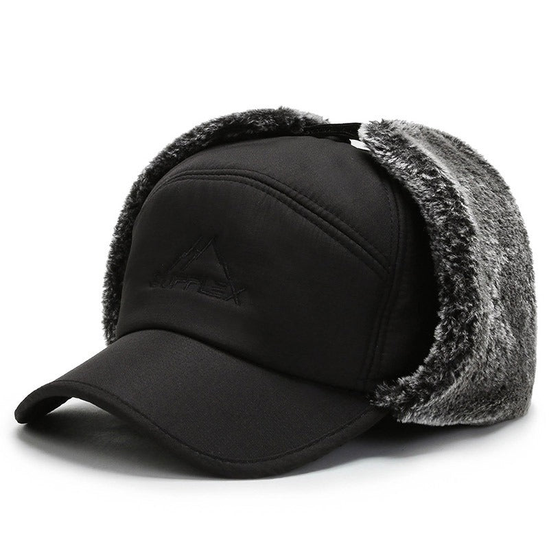 Fleece Lined Curve Brim Trapper Hat with Face Mask (Black/Blue/Gray)