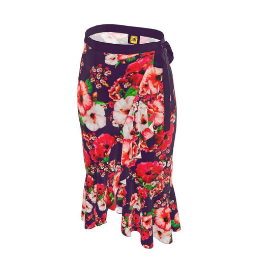 TRP Floral Print 03: Hibiscus Flowers 01-01 Tropical Bloom Ruffle Wrap Midi Skirt