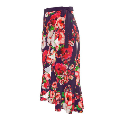 TRP Floral Print 03: Hibiscus Flowers 01-01 Tropical Bloom Ruffle Wrap Midi Skirt