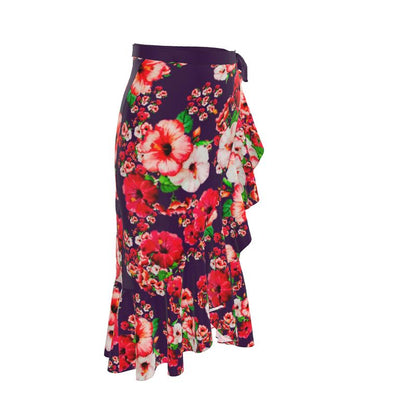 TRP Floral Print 03: Hibiscus Flowers 01-01 Tropical Bloom Ruffle Wrap Midi Skirt