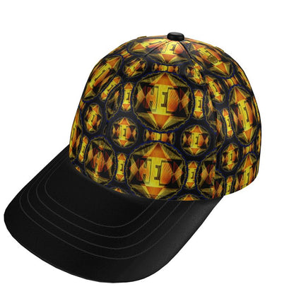 High-angle view of a structured baseball cap featuring a geometric "Royal Radiance" pattern in gold and amber on a black crown and brim.
