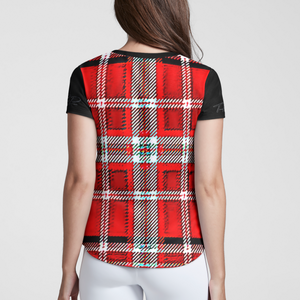 TRP Twisted Patterns 06: Digital Plaid 01-03A Ladies Designer Deep V-neck Slim Fit Curved Hem T-shirt