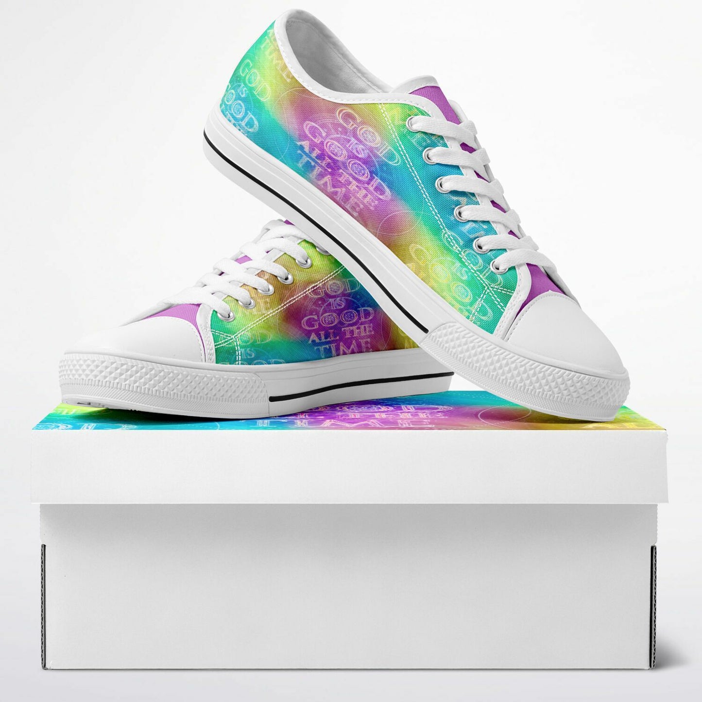 Colorful sneakers with tie-dye pattern on a white box