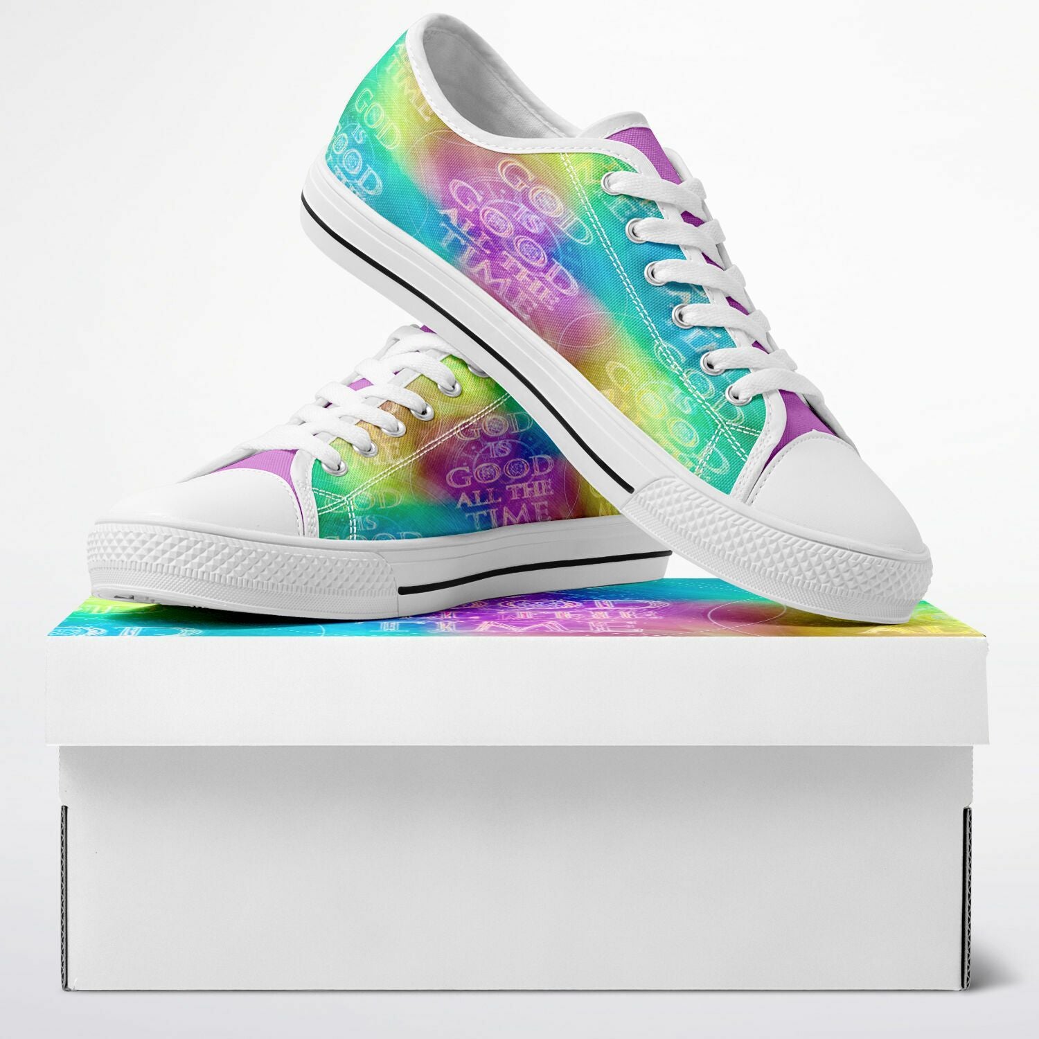 Colorful sneakers with tie-dye pattern on a white box