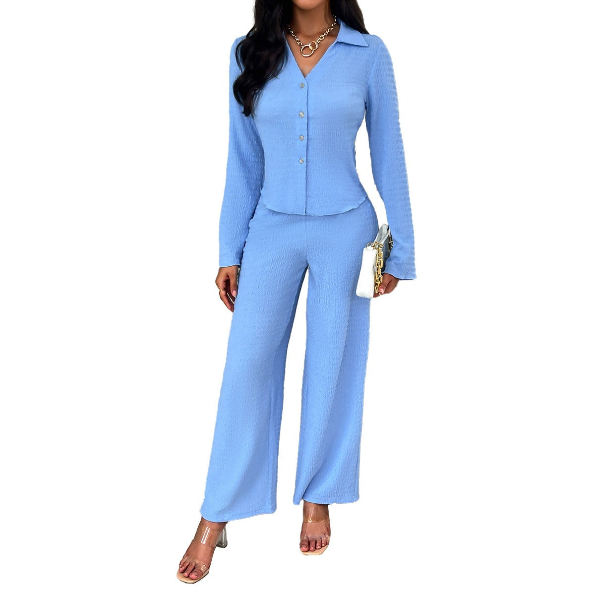 Sky Blue Two Piece Long Sleeve Blouse and Wide Leg Pants Set