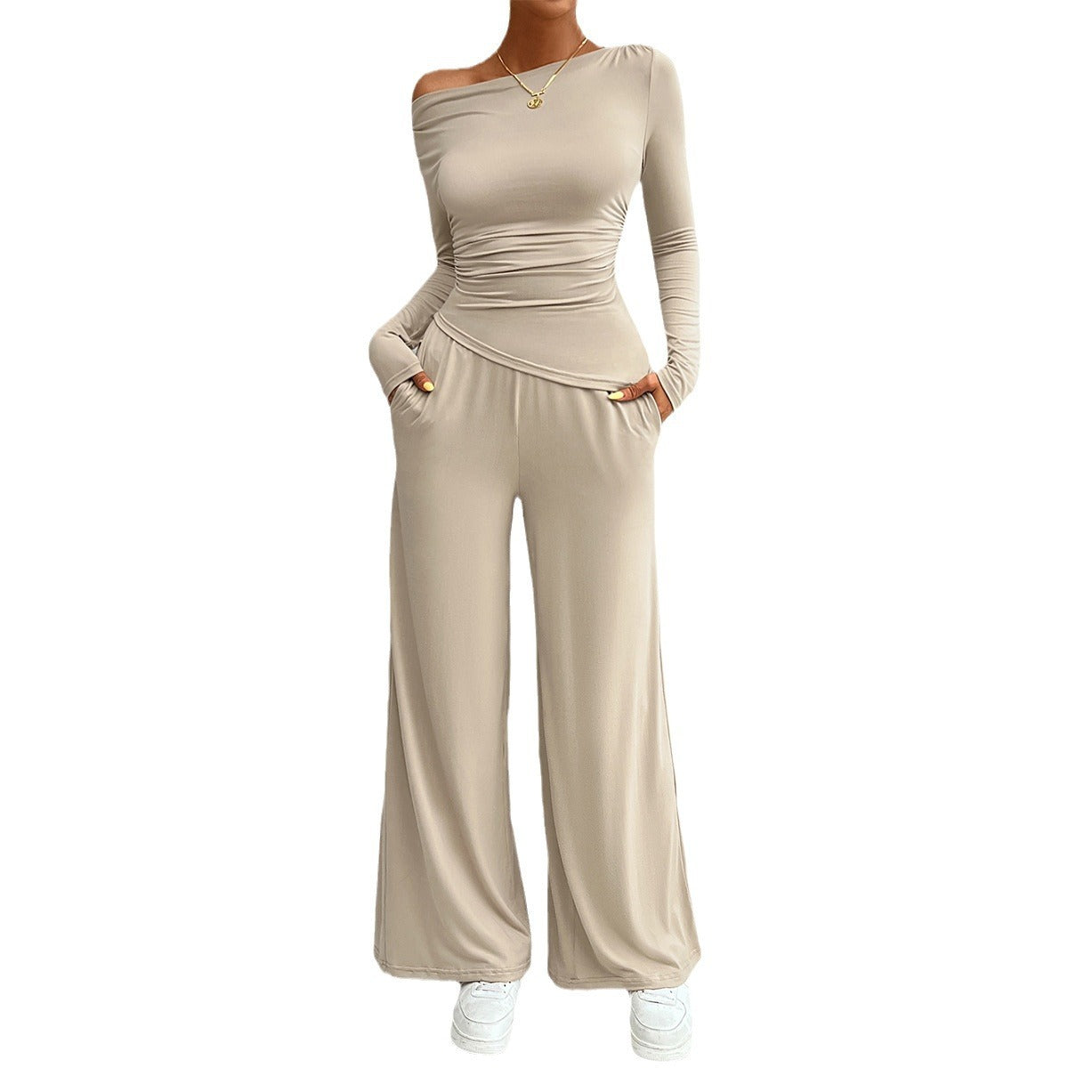 Slim Fit Long Sleeve Off Shoulder Top and Wide Leg Pants Two Piece Set (4 colors)