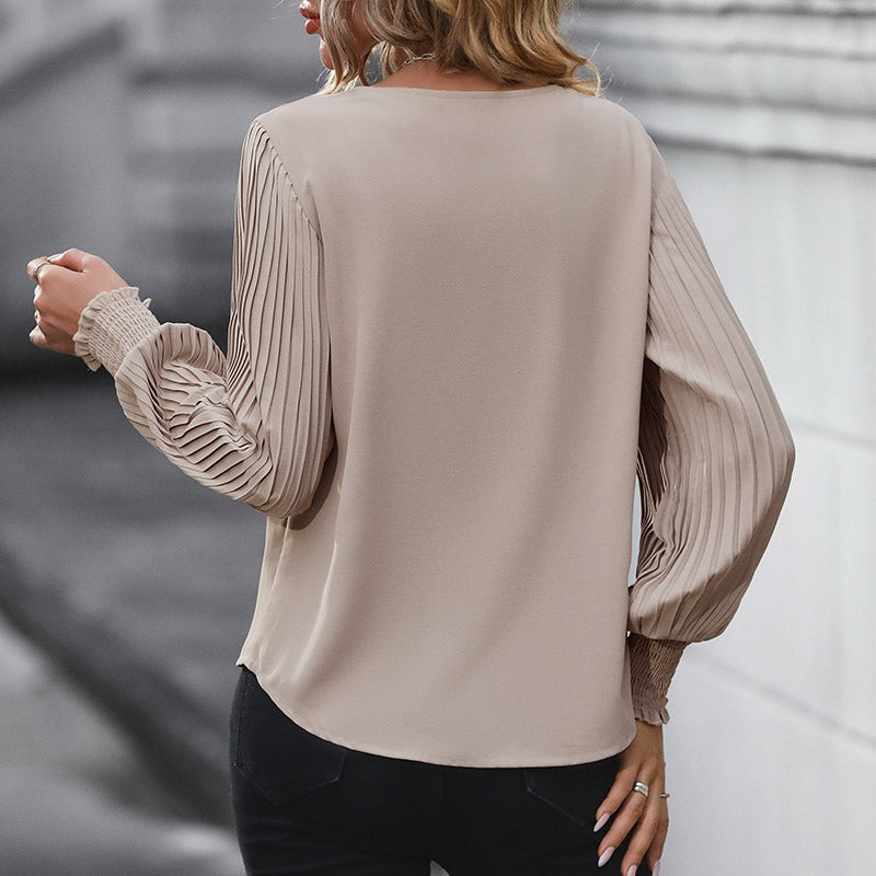 V-neck Solid Color Long Sleeve Puff Sleeve Blouse (3 colors)