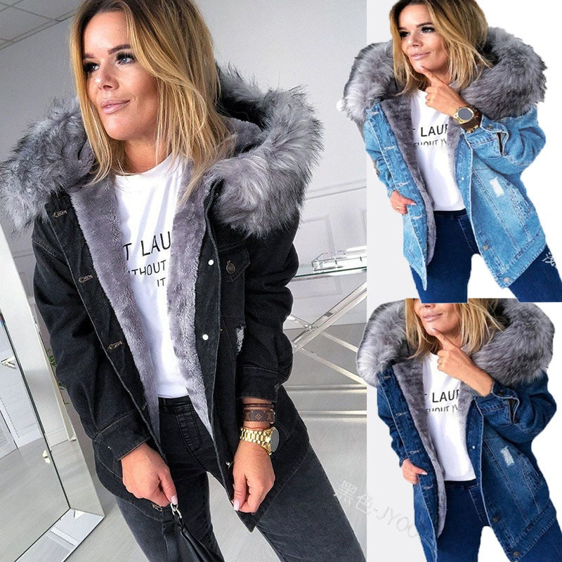 Slim Fit Fleece Lined Faux Fur Hooded Denim Jacket for Women (4 colors)