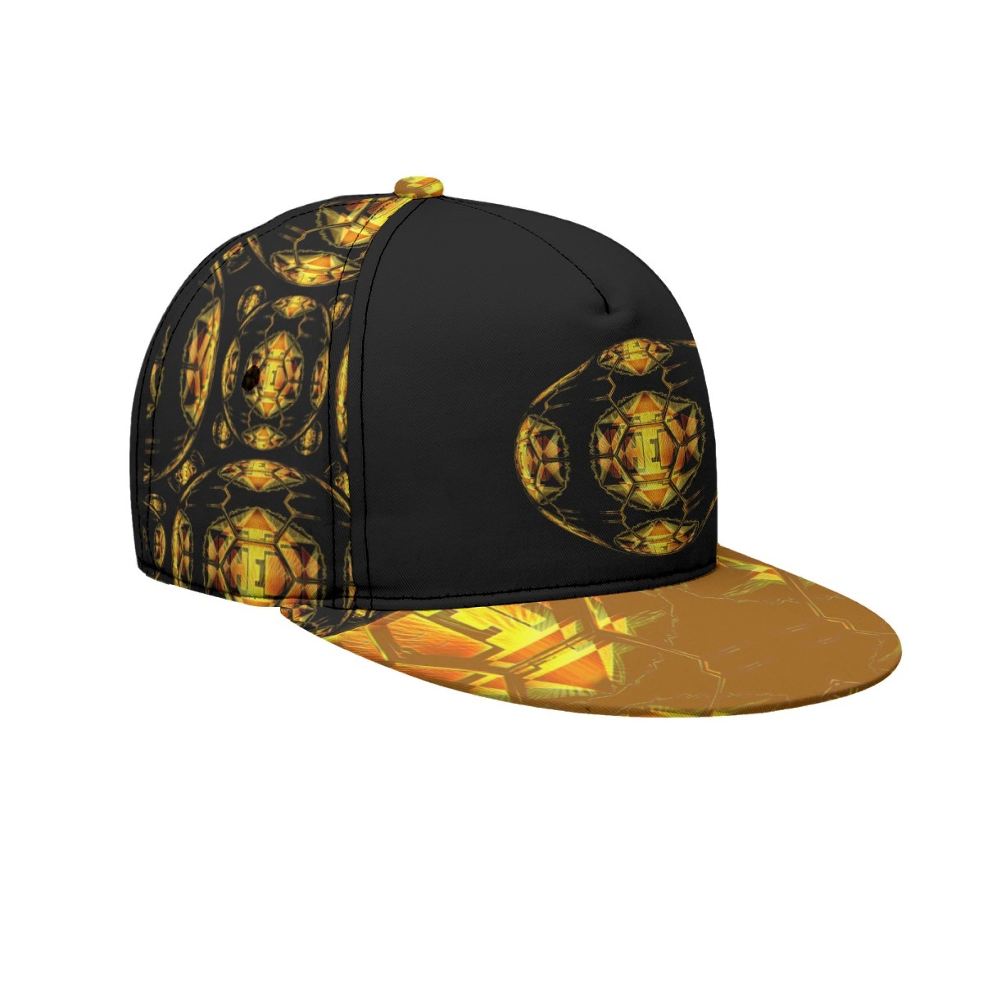 Angled side view of a black snapback hat showcasing golden fractal patterns on the side panels and a flat brim with an abstract yellow and orange design.