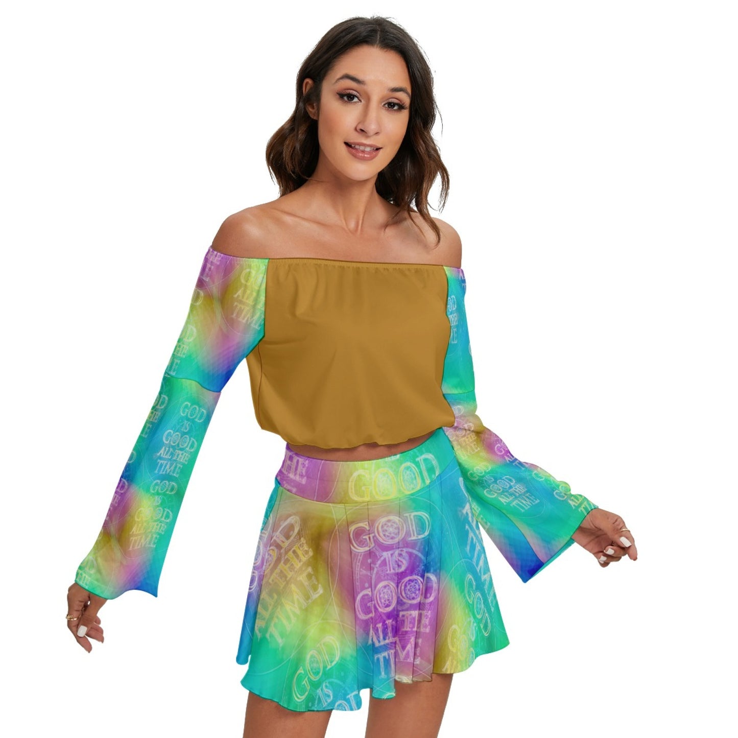 Chroma-Shift Art-to-Wear: God is Good All The Time 01-03 Cropped Off Shoulder Bell Sleeve Top and Pleated Mini Skirt Set