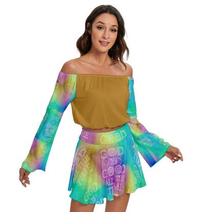 Chroma-Shift Art-to-Wear: God is Good All The Time 01-03 Cropped Off Shoulder Bell Sleeve Top and Pleated Mini Skirt Set