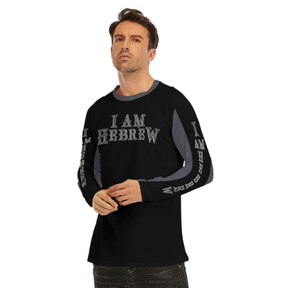 I AM HEBREW 02-02 Men's Designer Long Sleeve Cotton T-shirt, Black+BlackChrome