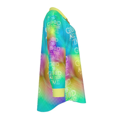 Chroma-Shift Art-to-Wear: God is Good All The Time 01-04 Plus Size Long Sleeve Camp Collar Shirt