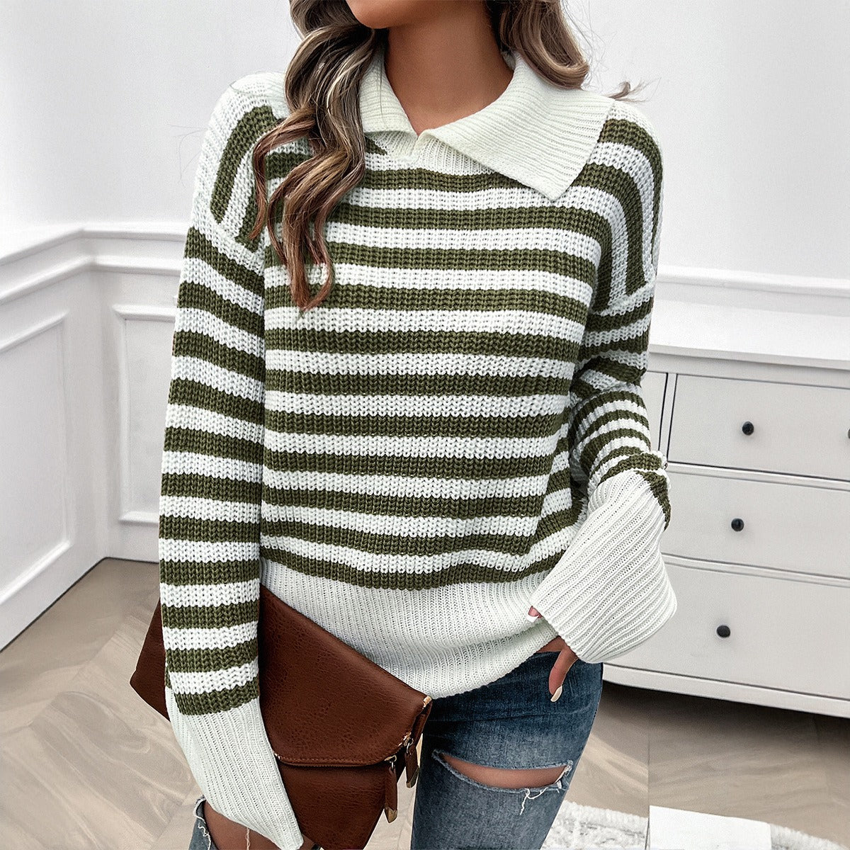 Striped Lapel Collar Sweater (5 colors)