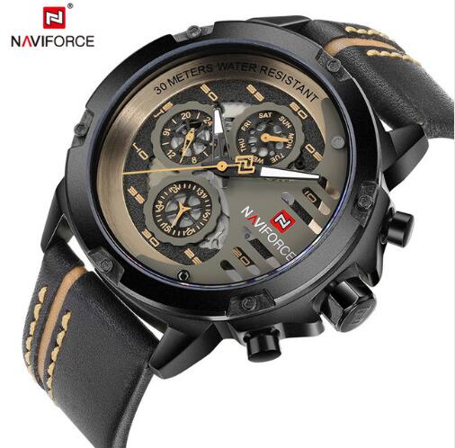 NAVIFORCE Waterproof Quartz Sports Watch with Leather Band for Men