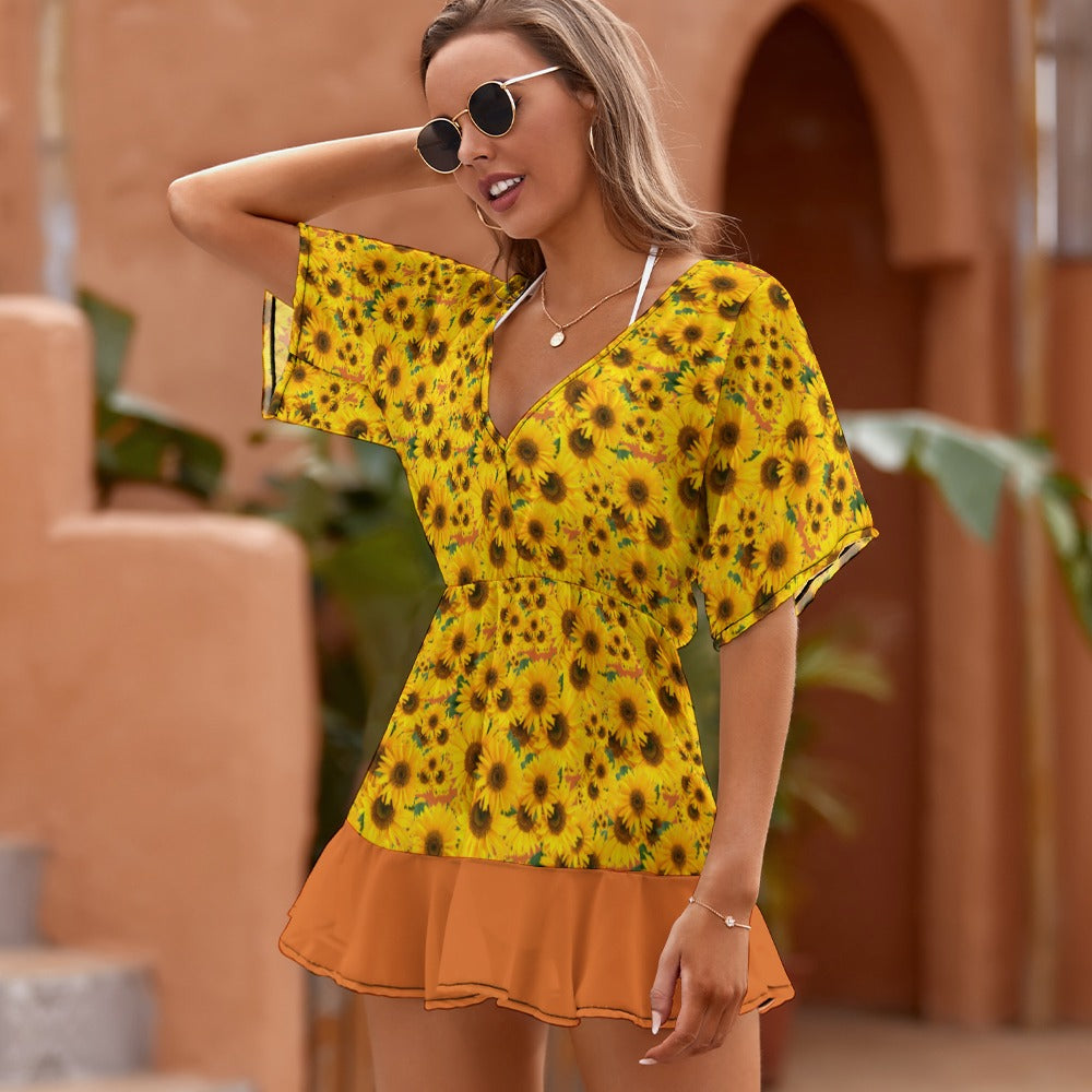 TRP Floral Print 04: Sunflowers 01 Designer Smocked Ruffle Hem Dress (3 colors)