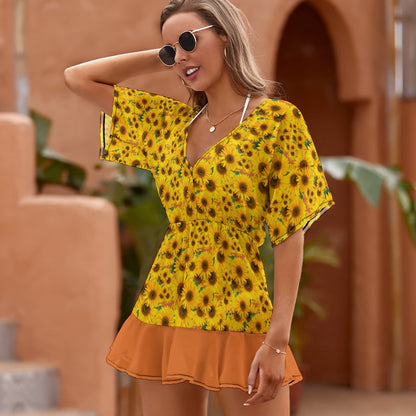 TRP Floral Print 04: Sunflowers 01 Designer Smocked Ruffle Hem Dress (3 colors)