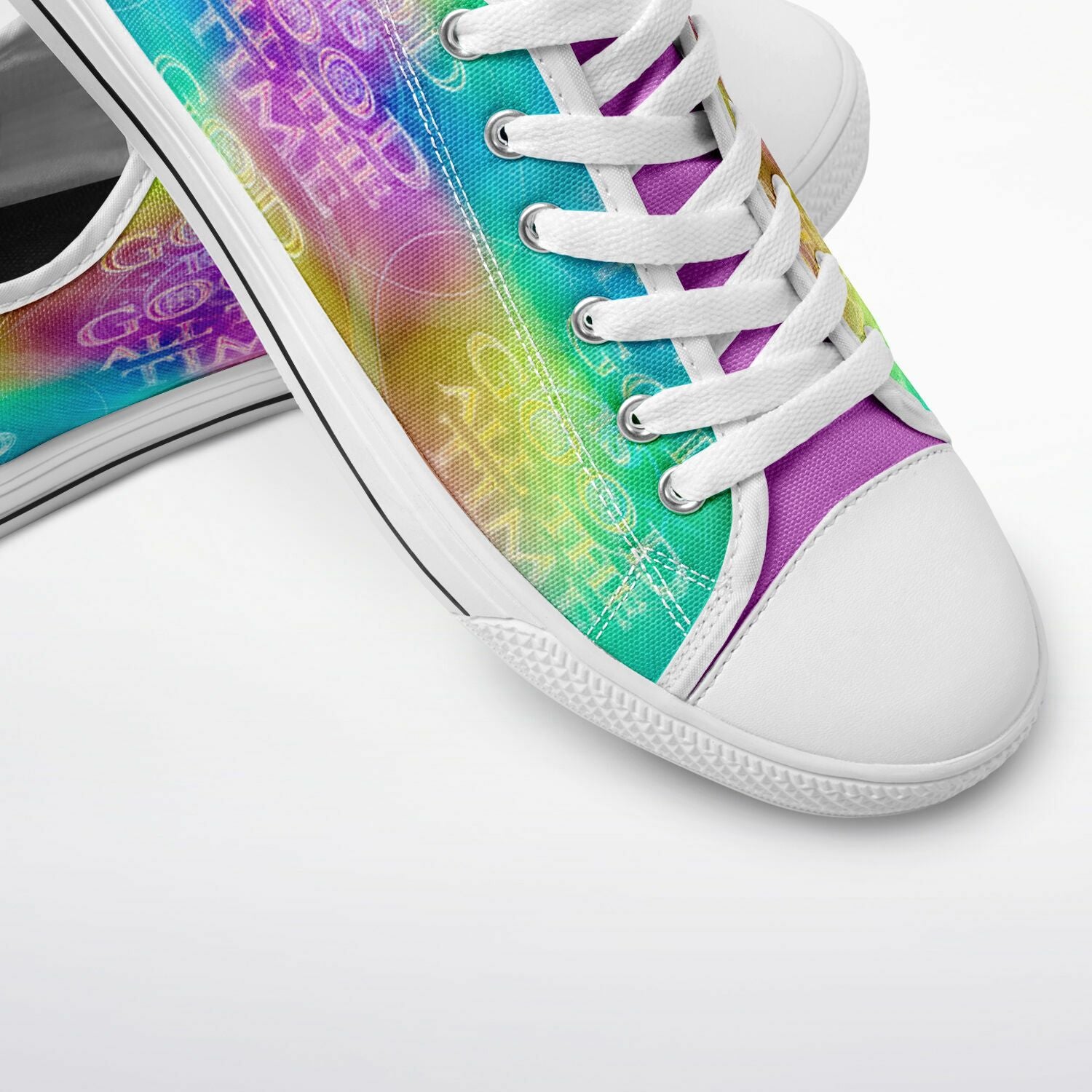 Colorful sneakers with a tie-dye pattern on a white background