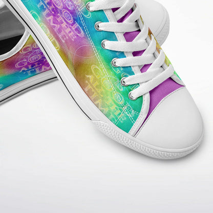 Colorful sneakers with a tie-dye pattern on a white background