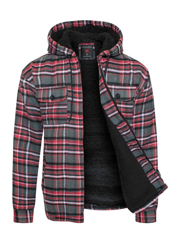 Flannel Sherpa Fleece Lined Full Zip Male Hoodie with Chest Pockets (8 colors)